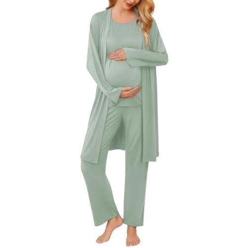 Ekouaer Maternity Nursing Robe Set 3 Pieces Sleeveless Top, Pregnancy Pants & Robe Double Layer Pajamas S-XXL