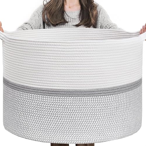 CHICVITA XXL Extra Large Cotton Rope Woven Basket, Throw Blanket Storage Basket with Handles, Decorative Clothes Hamper,22" x 22" x 14"