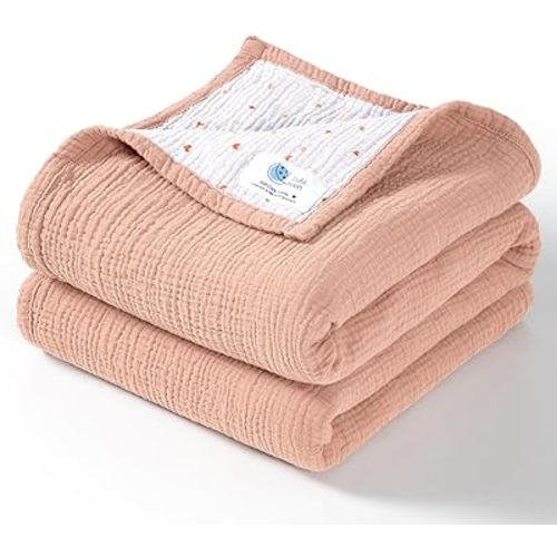 Lulu moon Muslin Baby Blanket - Cotton Quilt Blankets for Toddlers - Reversible Nursery Crib Blanket for Baby Boys and Girls 47"x47"(Peach Pink)