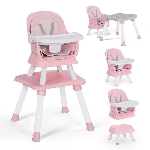 TODEFULL Baby High Chair, 8 in 1 Convertible Highchairs for Babies and Toddlers, Children Dining Booster Seat/Kids Building Block Table for Girls Boys, Baby Seat with Removable Tray,Pink & White