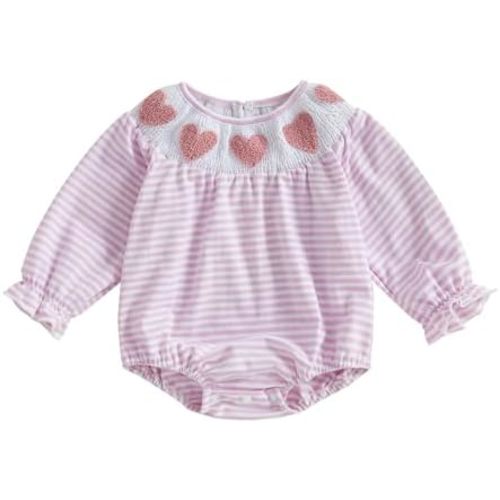 Newborn Smocked Baby Girl Outfit Hearts Plaid Long Sleeve Bubble Romper Bodysuit Infant Cute Valentines Day Clothes