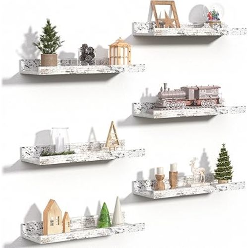 upsimples Floating Shelves for Wall, Wood Mounted Shelf Decor Storage Set of 6, for Bedroom, Living Room, Bathroom, Kitchen, Picture Ledge, Rustic White