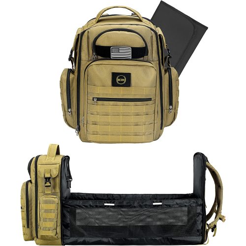 BCOH Dad Diaper Bag Military Backpack with Changing Station Khaki Tan Brown