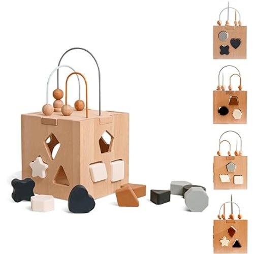 Wooden Activity Cube for Baby, 5 in 1 Wooden Activity Center with Bead Maze Shape Sorter, Montessori Toys for 1 2 3 Year Old Toddlers, Educational Learning Toys for Kids, Sorting & Stacking Board