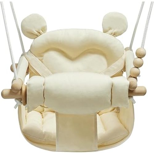 Baby Swing Outdoor Indoor Toddler Swing Seat with 3-Point Adjustable Safety Harness - 130lbs Capacity Wooden Toddler Seat, Adjustable Height (12-18") for Infants Baby Boys Girls, Beige