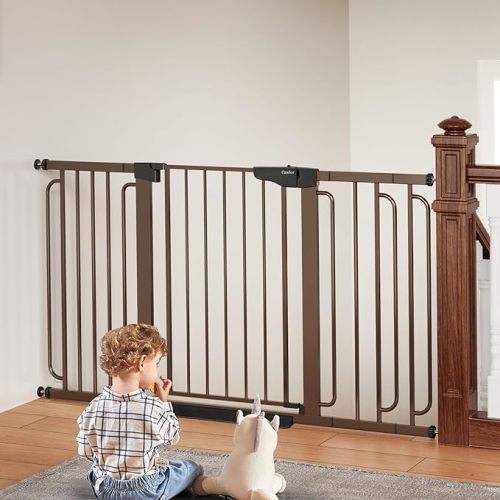 Cumbor 29.7-46" Baby Gate for Stairs, Mom's Choice Awards Winner-Auto Close Dog Gate for the House, Easy Install Pressure Mounted Pet Gates for Doorways, Easy Walk Thru Wide Safety Gate for Dog, Brown