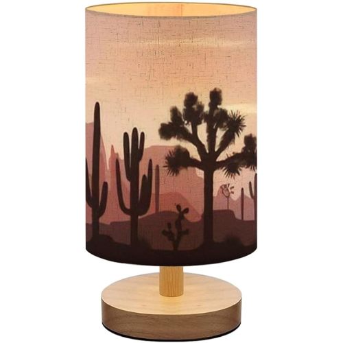 Bedside Lamp for Bedroom, Seamless Pattern Joshua Trees Opuntia Saguaro Mountains Small Lamp, Linen Lampshade Table Lamp, Dimmable Nightstand Lamp with Woodbase for Living Room Office