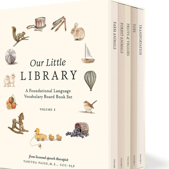 Our Little Library: A Foundational Language Vocabulary Board Book Set for Babies, Including Farm & Forest Animals, Fruits & Veggies, Toys & More (Tabitha Paige Children's Book Series)