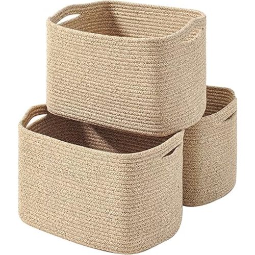 Decorative Storage Baskets for Organizing Shelves, Toy Basket for Nursery, Woven Cotton Rope Baskets for Decor, Towel Basket for Bathroom, 15"x11"x9.5", 3 Packs, Brown
