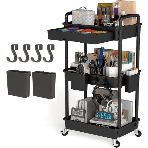 LLMRR, Rolling Utility Cart with Drawer, 3 Tier, Lockable Wheels