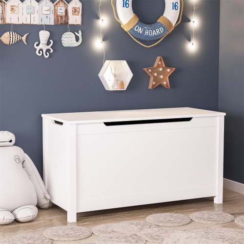 Kids Wooden Toy Box, Wide Toy Storage Organizer Toy Chest with Safety Hinged Lid, Children's Furniture Large Trunk Bench for Boys and Girls, White