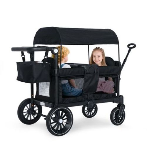 Kinder King 2-Seat Wagon Stroller, All-Terrain Foldable Stroller Wagon for Toddlers with Canopy, Snack Tray & Push/Pull Bar, Black
