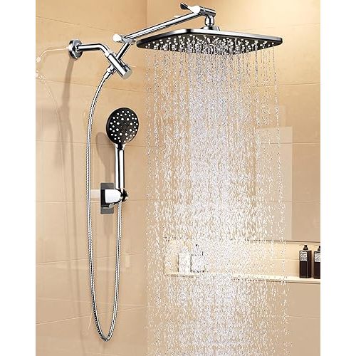 Veken 11.8" Rain Shower Head with Handheld, High Pressure Handheld Shower with Multi Spray Modes, Rainfall Combo with Metal Extension Arm, Detachable Dual Showerhead, Bathroom Decor, Chrome Silver