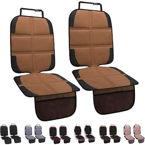 Car Seat Protector for Child Car Seat, 2 Pack Baby Car Seat Covers with Mesh Pockets & Non-Slip Backing 600D Durable Seat Protector Under Baby Car Seat for Car Back Seat (Brown, Standard)