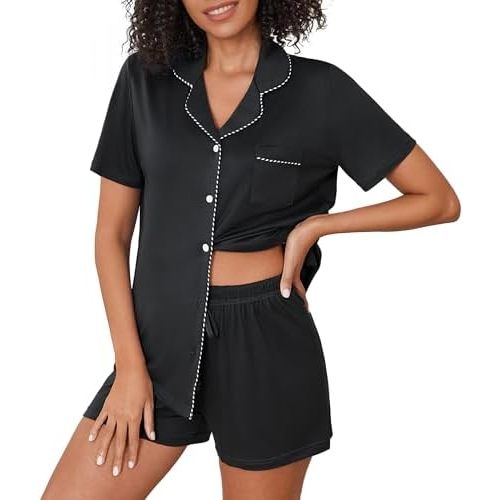 Ekouaer Pajama Set Women Classic Loose Short Sleeve Button Down Pjs Set Soft Sleepwear Loungewear with Pockets