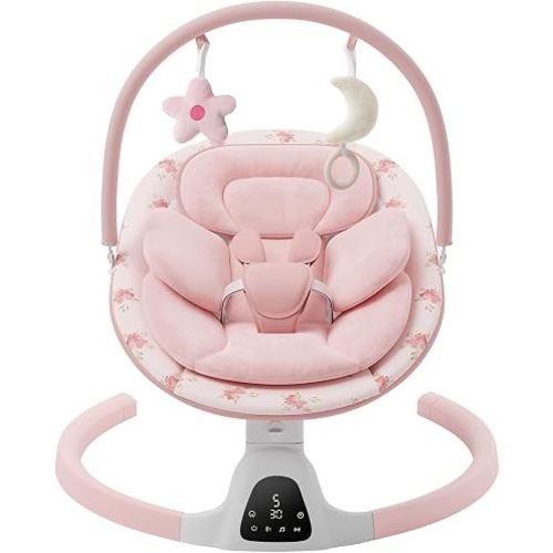 Baby Swings for Infants, Electric Infant Swing with 5 Speed Modes, 5-Point Harness, 3 Timer Settings, Built-in Songs & Bluetooth, Portable Baby Swing with Pink Printed Seat Pad, Indoor Outdoor Use