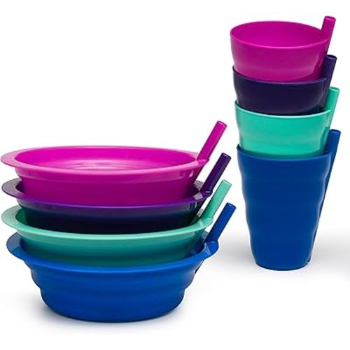 Klickpick Home Cereal Bowls with Straws and Kids Straw Cups - Set of 4 Bowls with Straws for Kids, and 4 Straw Cups for Kids BPA Free Dishwasher Safe Great for Kids and Toddlers