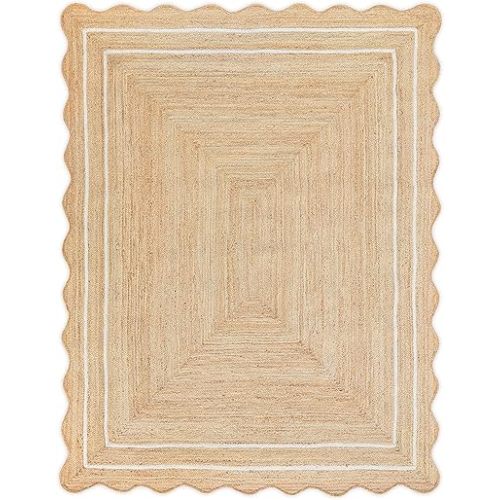 Wave Scalloped Natural Jute Rug Boho Jute Rug Entryway Runner Rug Farmhouse Scallop Rug, Off White (5'x7')