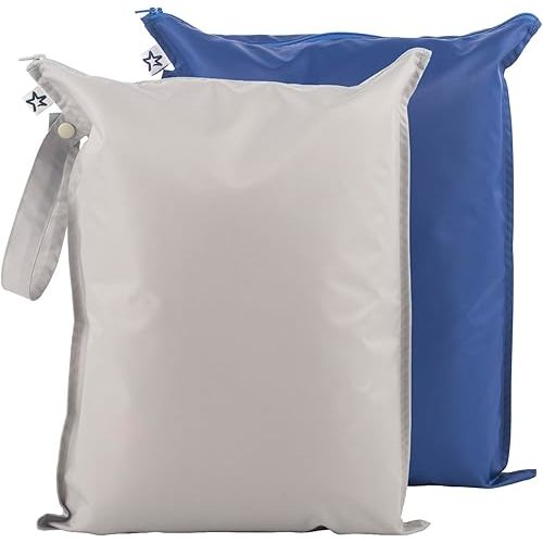 Tiny Twinkle Mess-proof Wet Bags 2 Pack Waterproof and Washable Bag for Travel storage, Stroller, Daycare, Baby Diapers, Yoga, Beach, Pool, Wet Toddler Swimsuits (Grey, Indigo)