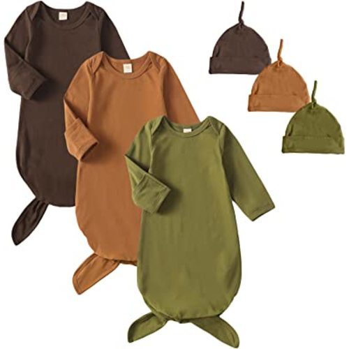 OPAWO Newborn Baby Knotted Gowns with Mitten Cuffs and Hat Baby Sleeper Gowns Coming Home Outfit for Baby Boy Girl 0-6 Months