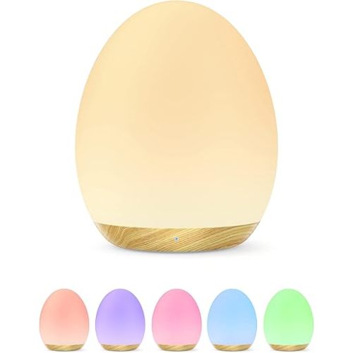 JolyWell Night Light for Kids with Color Changing Mode & Dimming Function, Rechargeable Baby Egg Night Light with 1 Hour Timer&Touch Control, up to 100H, Wood Grain
