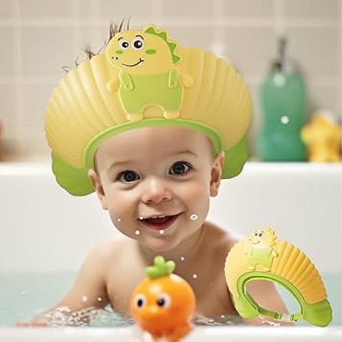 Baby Shower Cap Shield, Shower Cap for Kids, Visor Hat for Eye and Ear Protection for 0-9 Years Old Children, Cute Little Dinosaur Shape Makes The Baby Bath More Fun (Yellow)