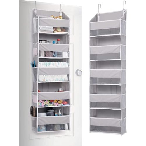 ULG 1 Pack Over Door Organizer with 5 Large Pockets 10 Mesh Side Pockets, 44 lbs Weight Capacity Hanging Storage Organizer with Clear Window for Kids Toys, Shoes, Diapers, Grey, 5 Layer