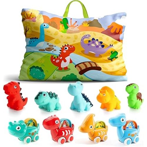ALASOU 9 PCS Dinosaur Fantastic Creatures Toys with Playmat/Storage Bag|Baby Car Toys for 1 Year Old Boy Birthday Gift|1st Birthday Gifts for 6 12 18 Months|Stocking Stuffers for Toddler 1-3