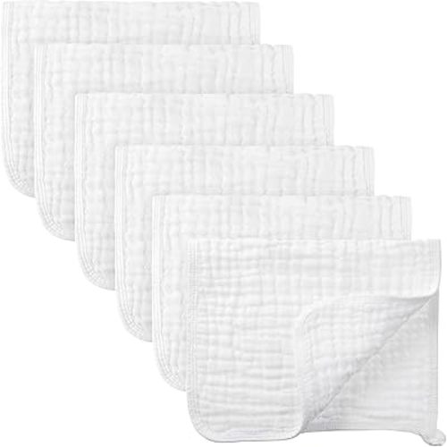 Irenare 6 Pack Muslin Burp Cloths Cotton Baby Burping Rags Large 20 x 10 Inch 6 Layers Spit up Rags Soft Absorbent Multicolor Wash Cloths Diapers for Newborn Baby Girl Boy(White)