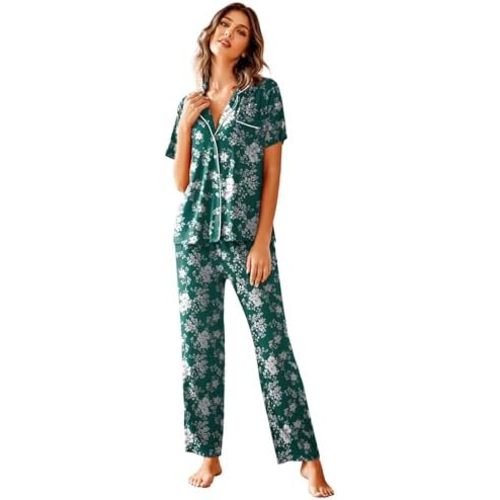 Avidlove Women Pajamas Set Notch Collar Soft Sleepwear Pjs Short Sleeve Button Down Nightwear with Long Pants