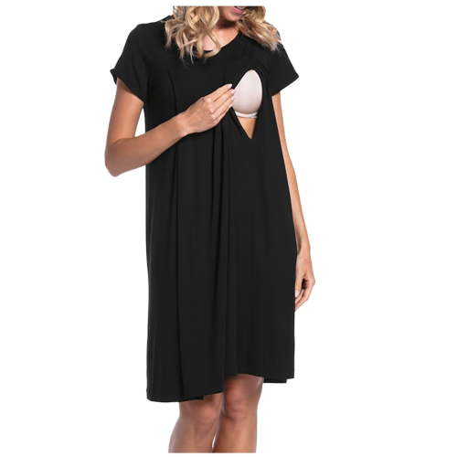 VEKDONE Clearance Maternity Nursing Dress,3 IN1 Short Sleeve Labor and Delivery Gown, Pleated Nursing Nightgown, Maternity Nightgowns for Hospital Short Breastfeeding Nightgown Black XL
