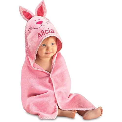Lillian Vernon Hooded Animal Personalized Towel for Babies - Pink Bunny, 100% Cotton, Large 30 x 30 inch Size, Machine Washable, Custom Embroidered