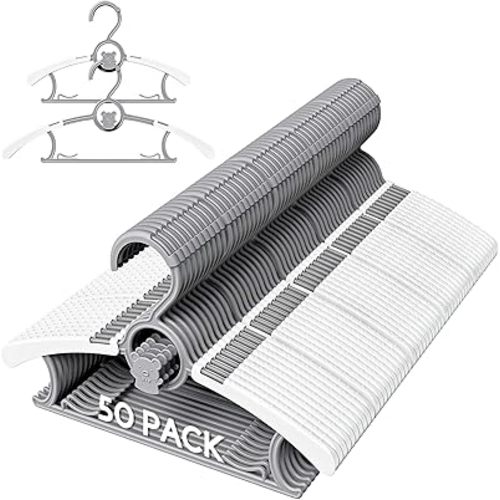 50 Pack Kids Hangers for Nursery Closet, Adjustable Non-Slip Toddler Baby Hangers with Windproof Buckle, 11-14" Infant Child Plastic Clothes Pant Hanger for Boys Girls Newborn Adult, Grey