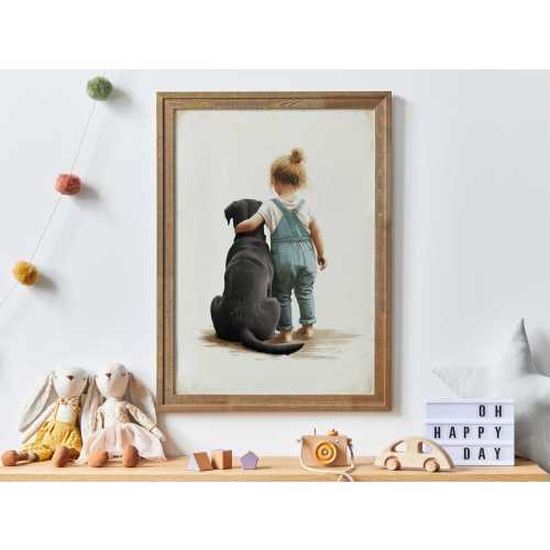 Black Lab Nursery Decor for Girls, Girl & Black Labrador Portrait, Dog Nursery Wall Art, Labrador Retriever Painting, Printable Dog Wall Art