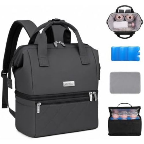 Nuliie Wearable Breast Pump Bag with Cooler Compartment, Double Layer Pumping Bag with Ice Pack, Breast Milk Cooler Travel Bag with Waterproof Mat, Fits 6 Baby Bottles up to 10 oz, Grey
