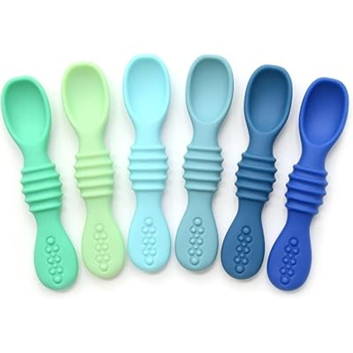 PrimaStella Silicone Chew Spoon Set for Babies and Toddlers - Safety Tested - BPA Free - Microwave, Dishwasher and Freezer Safe - Seaside Palette