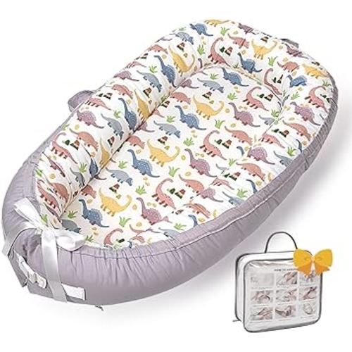 Baby Lounger-Breathable and Soft Organic 100% Cotton, Portable Infant Lounger with Removable Lounger Cover,Floor Lounger for Newborn - Classic Dinosaur