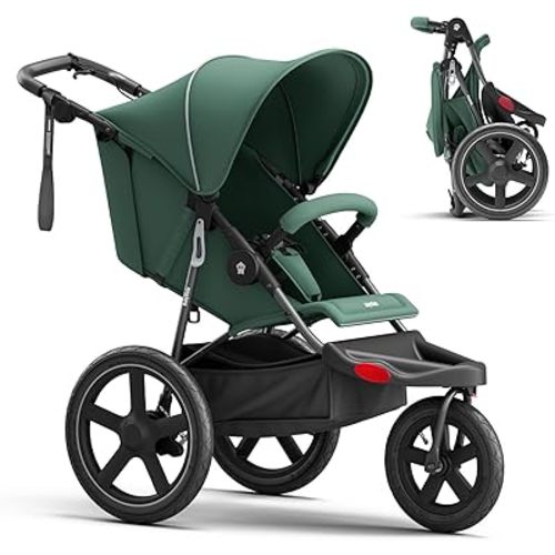 Jogging Stroller, All-Terrain Frame, 12"/16" Inflatable Tires with Angled Valve, Disc Hand Brake & Foot Brake, Adjustable Handlebar, Foldable Jogger Stroller for Babies & Toddlers, Green