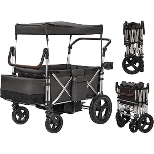 Real Relax Wagon Stroller for 4 Kids: Folding 4 Seater Stroller Wagon with 5-Point Safety Belt, Collapsible Push Toddler Wagon Cart with Canopy, All-Terrain Mobility Wheels