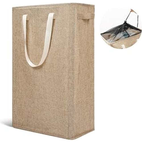 Odonata Slim Laundry Hamper Handles Collapsible Laundry Basket Thin Dirty Clothes Basket Narrow Laundry Bag Foldable Dirty Hamper 45L (Light Khaki)