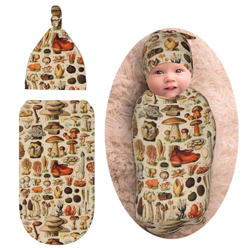 Mushroom Newborn Swaddle Blankets Baby Stuff Soft Swaddle Sack Swaddling Blanket with Beanie Sets Gifts for Infant Boys Girls