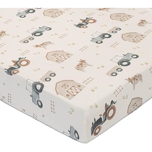 Crane Baby Charlie Farmhouse Tractor Crib Fitted Sheet, 100% Cotton Baby Bed Sheets, Farm Nursery Decor, Crib Sheets for Boys, Baby Registry Gift, Tractor Nursery Decor
