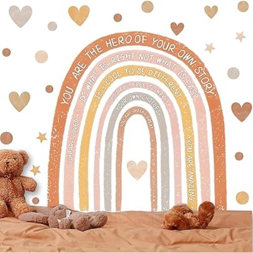 Boho Rainbow Wall Decals Baby Girls Wall Stickers Inspirational Saying Walls Decal Peel and Stick Waterclor Rainbow Sticker Heart Polka Dot Art Murals for Bedroom Toddler Room Daycare Decor