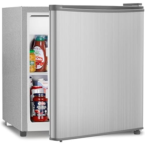 Antarctic Star Mini Fridge with Freezer, 1.4 Cu. Ft Compact Refrigerator, Dorm Fridge, Single Reversible Door, Removable Glass Shelf, Defrost Button, for Bedroom, Office, Silver