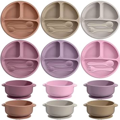 24 Pcs Silicone Baby Feeding Set, 6 Baby Toddler Suction Bowls 6 Divided Suction Plates with 6 Forks 6 Spoons, Baby Utensils Set for Weaning Infant Feeding and Eating, 6 Styles (Light Color)