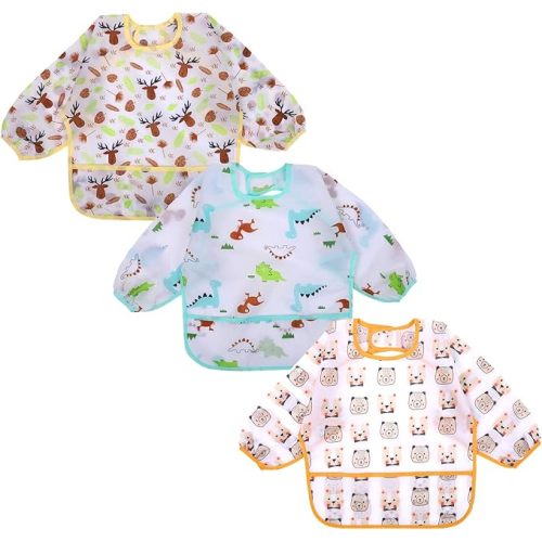 Accmor 3 Pack Long Sleeve Bibs, Baby Smock Waterproof Sleeved Bib Smock for Baby Toddler 6-36 Months