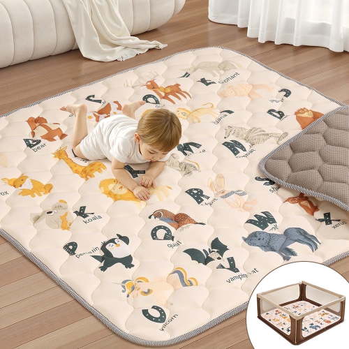 Baby Play Mat, Caveen Thicken Soft Cotton Baby Playmats, Foldable Anti-Slip Floor Crawling Playmat Playpen Mat for Infants and Toddlers, 50"x50", Beige