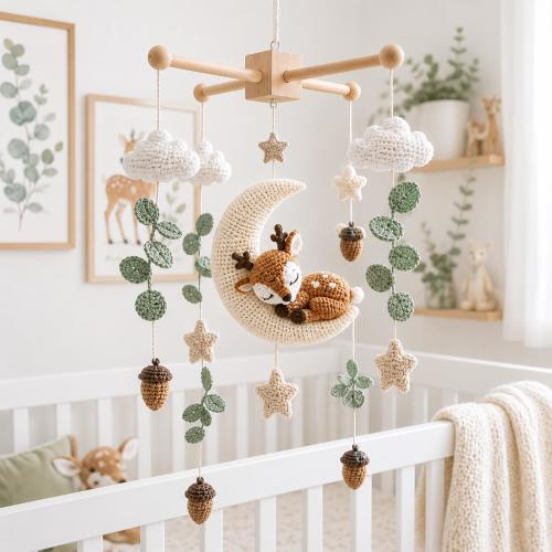 Crochet Deer Baby Mobile, Woodland Moon Crib Mobile, Handmade Fawn Nursery Decor, Baby Shower Gift, Neutral Nursery Mobile