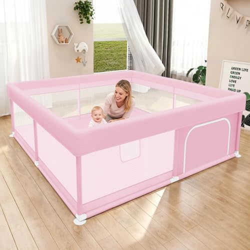 Hiaksedt Large Baby Playpen 50"x50" Baby Girl Play Pen for Babies and Toddlers, Safe Structure and Soft, Skin-Friendly Fabric with Zipper Gates Pink