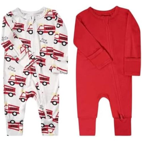 Teach Leanbh Baby Boys Girls 2 Pack Bamboo Viscose Pajamas with Mitten Cuffs 2 Way Zipper Long Sleeve Romper Sleep and Play